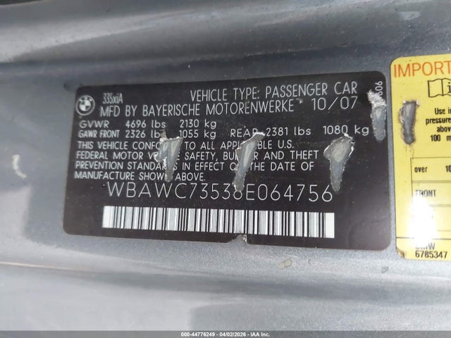 Продаж на аукціоні авто 2008 Bmw 335xi, vin: WBAWC73538E064756, номер лоту: 44776249