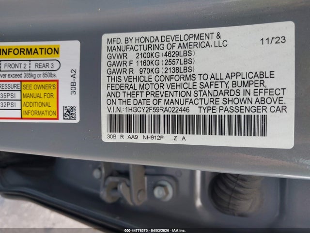 Aukcja sprzedaży 2024 Honda Accord Hybrid Sport, vin: 1HGCY2F59RA022446, numer aukcji: 44776270