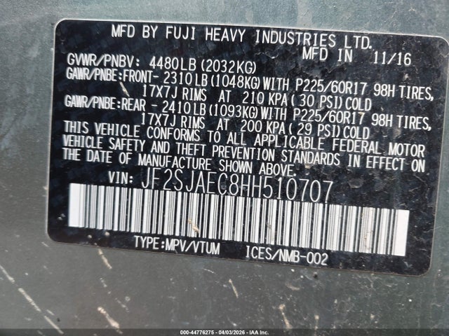 2017 Subaru Forester 2.5i Premium მანქანა იყიდება აუქციონზე, vin: JF2SJAEC8HH510707, აუქციონის ნომერი: 44776275