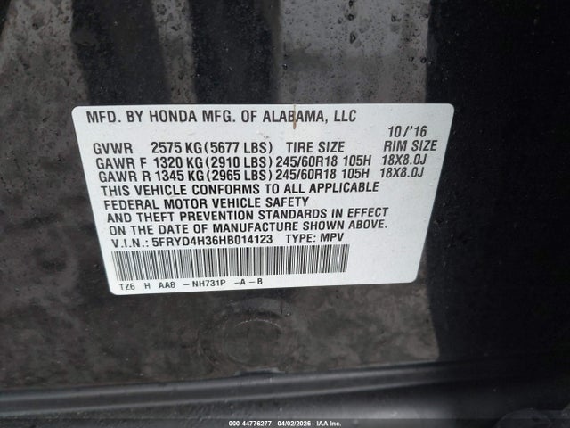 44776277 :رقم المزاد ، 5FRYD4H36HB014123 vin ، 2017 Acura Mdx مزاد بيع