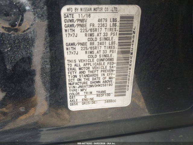 Aukcja sprzedaży 2017 Nissan Rogue S, vin: JN8AT2MV0HW258190, numer aukcji: 44776282
