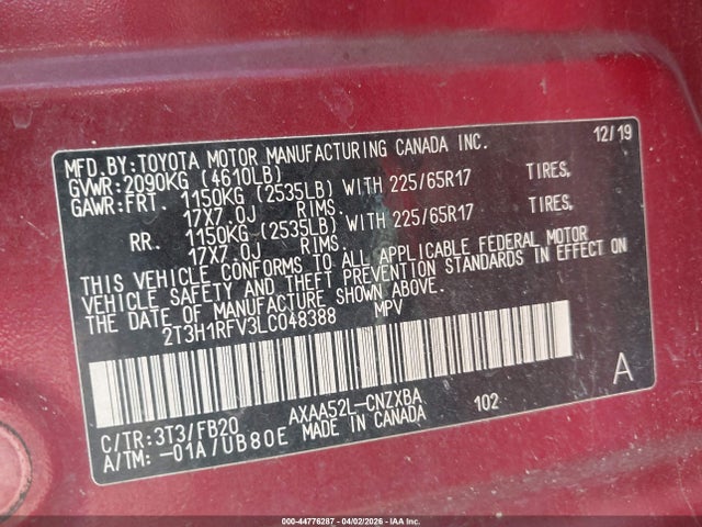 44776287 :رقم المزاد ، 2T3H1RFV3LC048388 vin ، 2020 Toyota Rav4 Le مزاد بيع