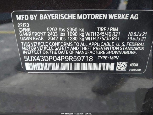 44776291 :رقم المزاد ، 5UX43DP04P9R59718 vin ، 2023 Bmw X3 Sdrive30i مزاد بيع
