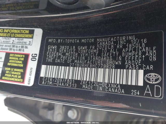 2017 Toyota Corolla Le მანქანა იყიდება აუქციონზე, vin: 2T1BURHE8HC779828, აუქციონის ნომერი: 44776298