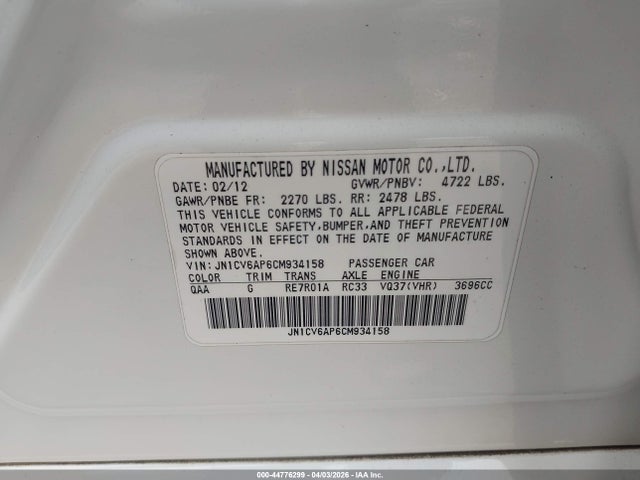 Auction sale of the 2012 Infiniti G37 Journey, vin: JN1CV6AP6CM934158, lot number: 44776299