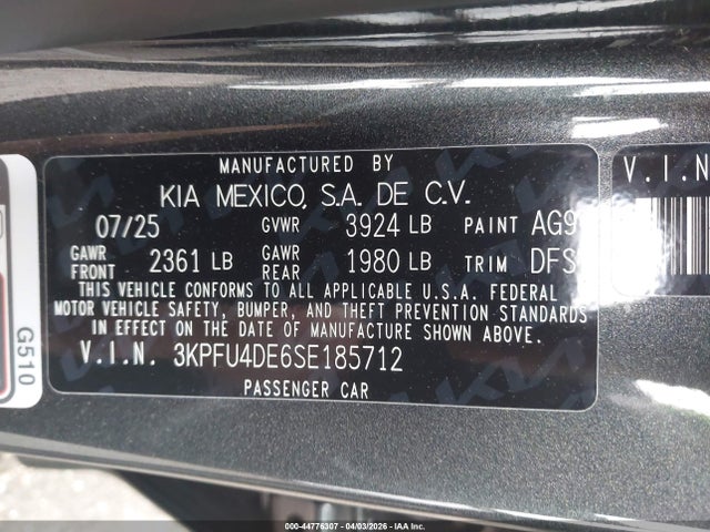 2025 Kia K4 Ex მანქანა იყიდება აუქციონზე, vin: 3KPFU4DE6SE185712, აუქციონის ნომერი: 44776307