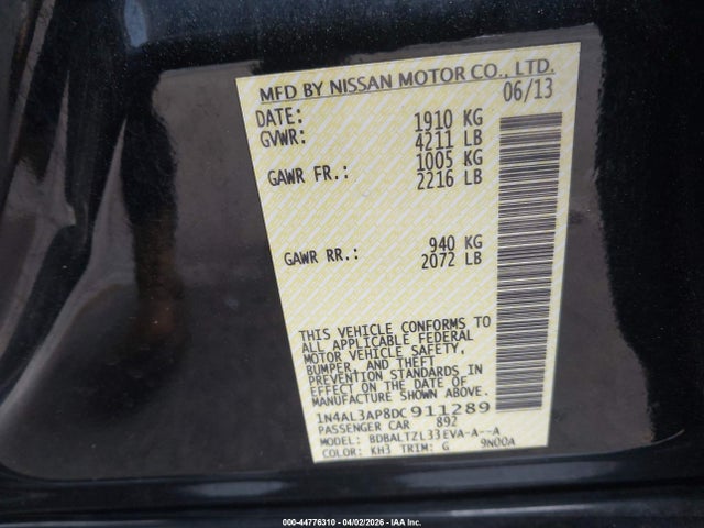 2013 Nissan Altima 2.5 Sv მანქანა იყიდება აუქციონზე, vin: 1N4AL3AP8DC911289, აუქციონის ნომერი: 44776310