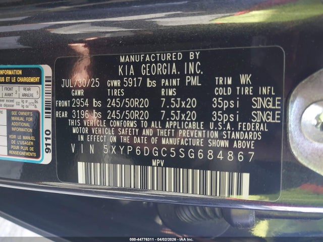 Aukcja sprzedaży 2025 Kia Telluride S, vin: 5XYP6DGC5SG684867, numer aukcji: 44776311