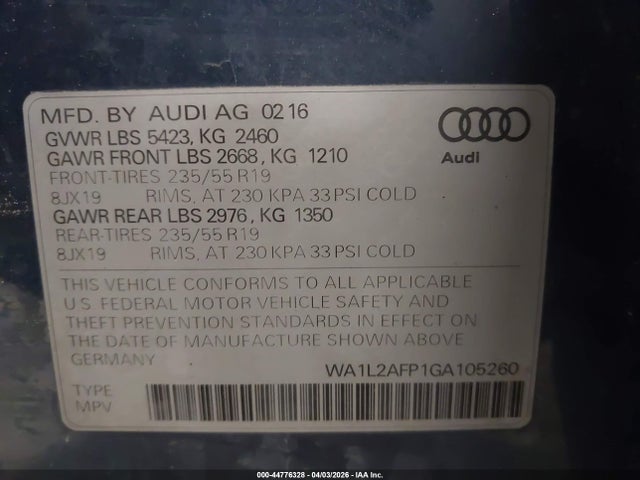 Aukcja sprzedaży 2016 Audi Q5 2.0t Premium, vin: WA1L2AFP1GA105260, numer aukcji: 44776328