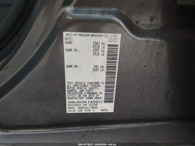 44776337 :رقم المزاد ، 1N4BL4DVXPN340952 vin ، 2023 Nissan Altima Sv Fwd مزاد بيع