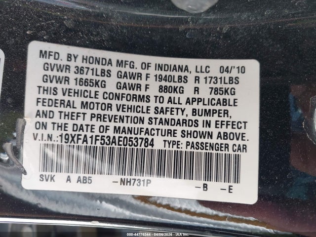 2010 Honda Civic Lx მანქანა იყიდება აუქციონზე, vin: 19XFA1F53AE053784, აუქციონის ნომერი: 44776344