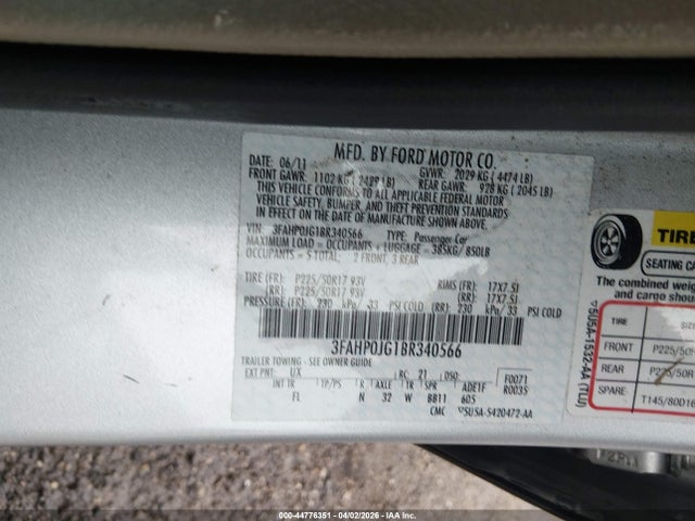44776351 :رقم المزاد ، 3FAHP0JG1BR340566 vin ، 2011 Ford Fusion Sel مزاد بيع