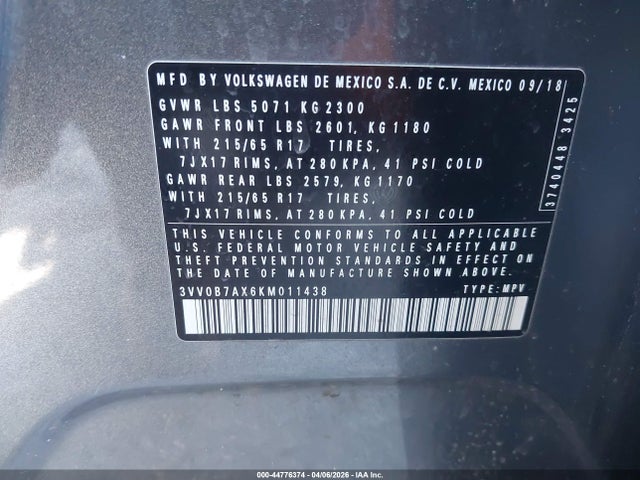 Aukcja sprzedaży 2019 Volkswagen Tiguan 2.0t S, vin: 3VV0B7AX6KM011438, numer aukcji: 44776374