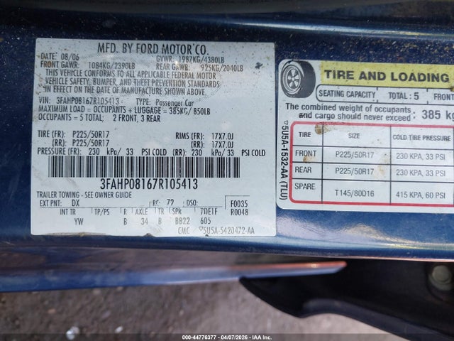 Aukcja sprzedaży 2007 Ford Fusion Sel, vin: 3FAHP08167R105413, numer aukcji: 44776377