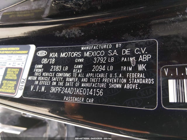 Aukcja sprzedaży 2019 Kia Forte Lxs, vin: 3KPF24AD1KE014156, numer aukcji: 44776384