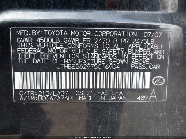 Aukcja sprzedaży 2007 Lexus Is 350, vin: JTHBE262975016904, numer aukcji: 44776392