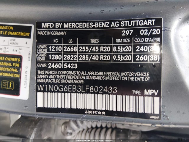 44776394 :رقم المزاد ، W1N0G6EB3LF802433 vin ، 2020 Mercedes-benz Amg Glc 43 4matic مزاد بيع