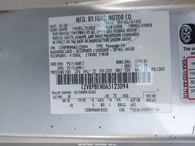 2010 FORD MUSTANG 1ZVBP8EN0A5123094 Photo 8