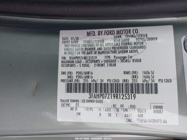 2009 FORD FUSION 3FAHP07Z19R125319 Photo 8