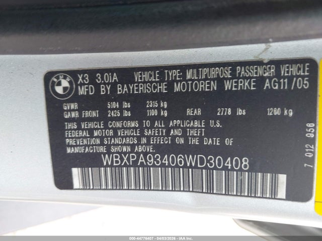 44776407 :رقم المزاد ، WBXPA93406WD30408 vin ، 2006 Bmw X3 3.0i مزاد بيع