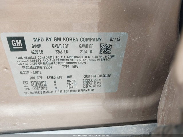 44776414 :رقم المزاد ، KL4CJASB2KB721534 vin ، 2019 Buick Encore Fwd Preferred مزاد بيع