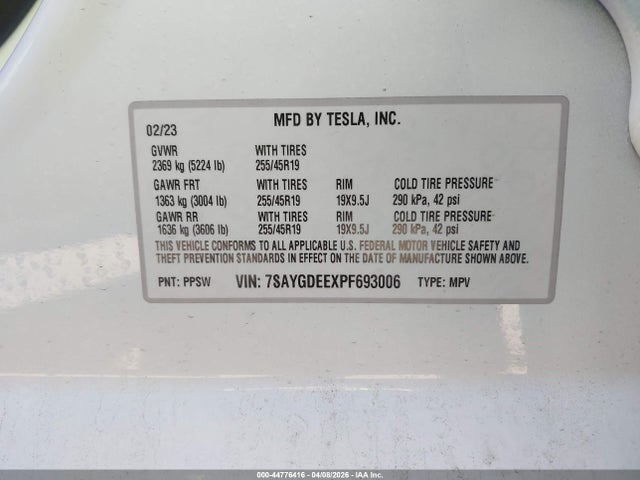 44776416 :رقم المزاد ، 7SAYGDEEXPF693006 vin ، 2023 Tesla Model Y Awd/long Range Dual Motor All-wheel Drive مزاد بيع
