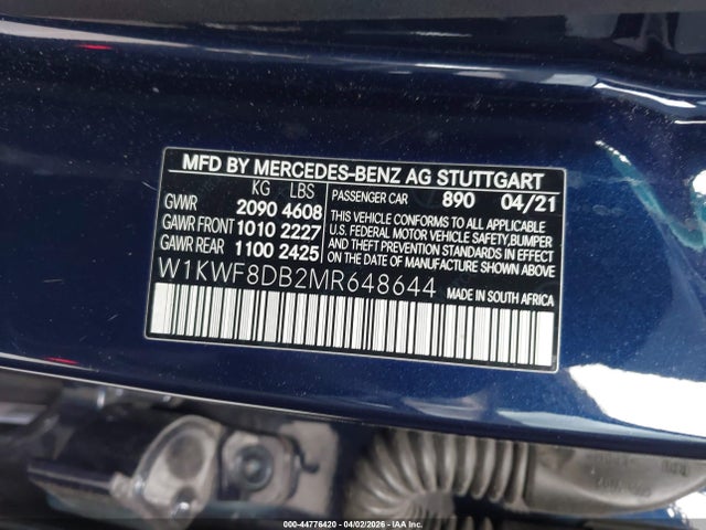 44776420 :رقم المزاد ، W1KWF8DB2MR648644 vin ، 2021 Mercedes-benz C 300 Sedan مزاد بيع