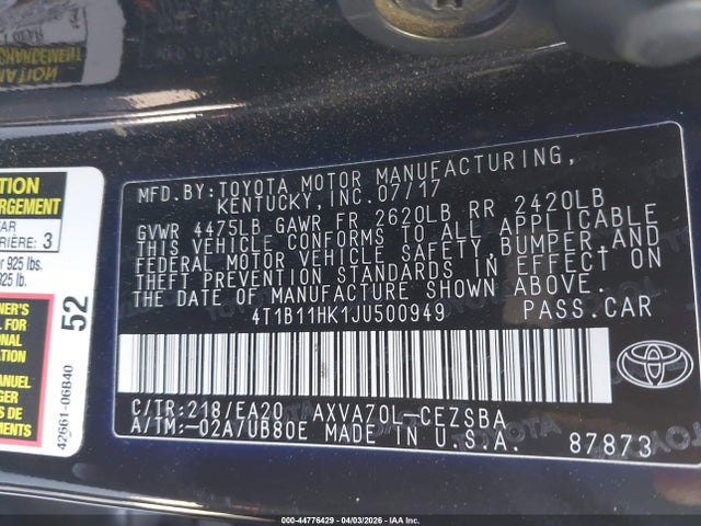 4T1B11HK1JU500949 Toyota CAMRY SE
