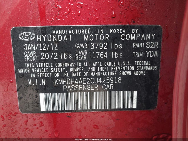 Aukcja sprzedaży 2012 Hyundai Elantra Gls (ulsan Plant), vin: KMHDH4AE2CU425918, numer aukcji: 44776453