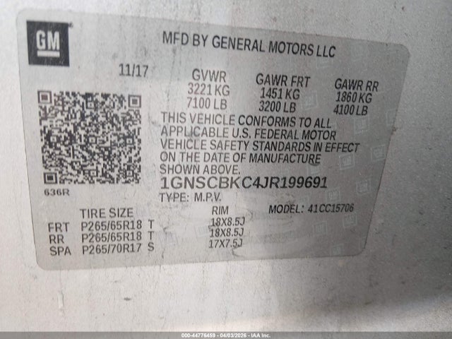 Продаж на аукціоні авто 2018 Chevrolet Tahoe Lt, vin: 1GNSCBKC4JR199691, номер лоту: 44776459