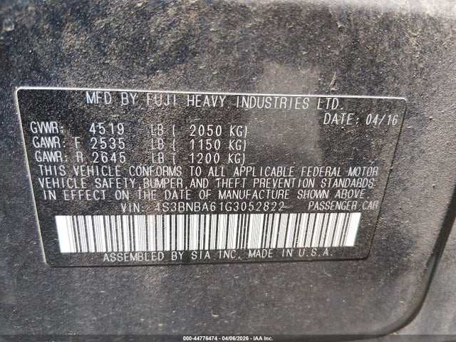 44776474 :رقم المزاد ، 4S3BNBA61G3052822 vin ، 2016 Subaru Legacy 2.5i مزاد بيع