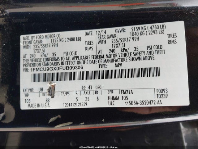 2015 Ford Escape Se მანქანა იყიდება აუქციონზე, vin: 1FMCU9GX0FUB09306, აუქციონის ნომერი: 44776475