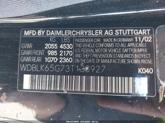 2003 Mercedes-benz Clk 320 მანქანა იყიდება აუქციონზე, vin: WDBLK65G73T138927, აუქციონის ნომერი: 44776508