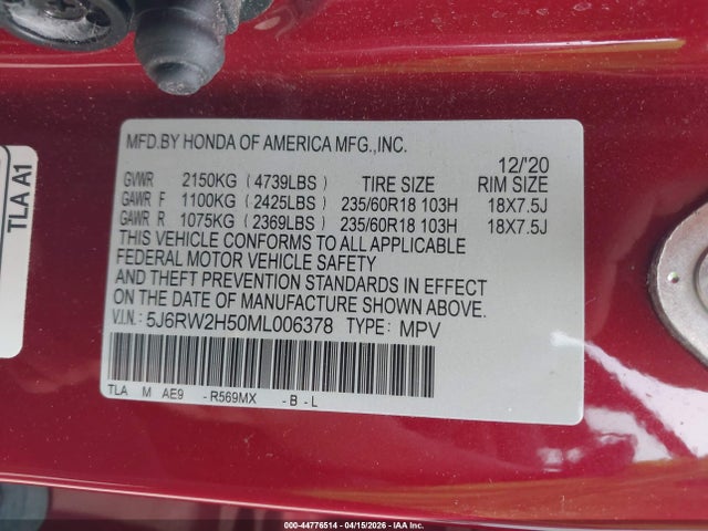 Продажа на аукционе авто 2021 Honda Cr-v Awd Ex, vin: 5J6RW2H50ML006378, номер лота: 44776514