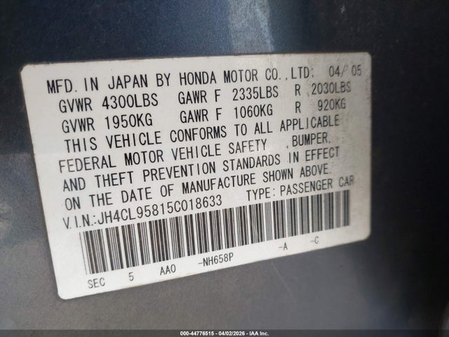 Aukcja sprzedaży 2005 Acura Tsx, vin: JH4CL95815C018633, numer aukcji: 44776515