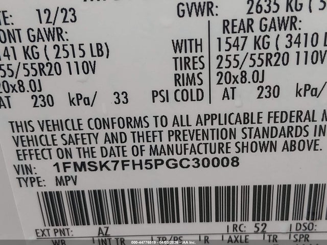 Продаж на аукціоні авто 2023 Ford Explorer Limited, vin: 1FMSK7FH5PGC30008, номер лоту: 44776519