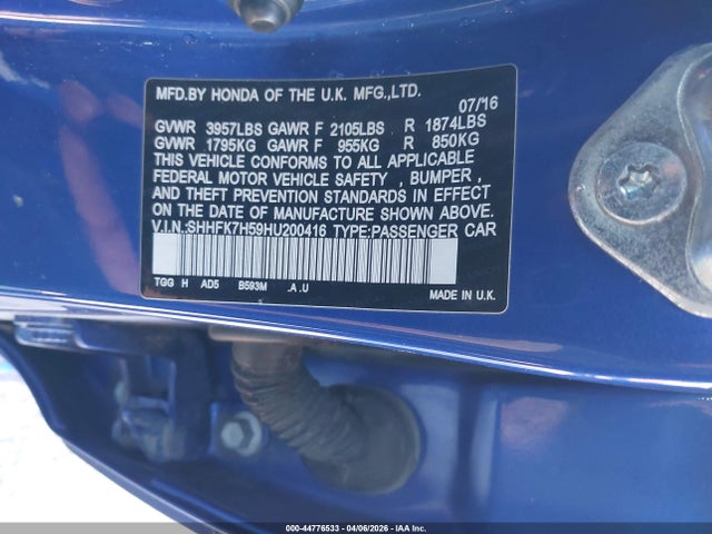 44776533 :رقم المزاد ، SHHFK7H59HU200416 vin ، 2017 Honda Civic Ex مزاد بيع