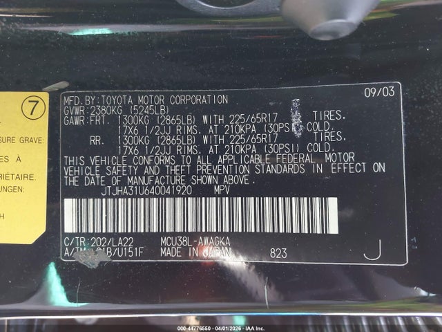 Продаж на аукціоні авто 2004 Lexus Rx 330, vin: JTJHA31U640041920, номер лоту: 44776550