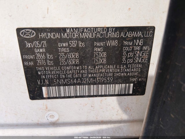 Продаж на аукціоні авто 2021 Hyundai Santa Fe Sel, vin: 5NMS64AJ2MH319539, номер лоту: 44776564