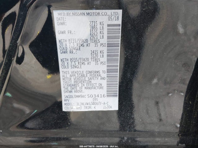 Продаж на аукціоні авто 2019 Infiniti Qx60 Luxe, vin: 5N1DL0MM9KC503416, номер лоту: 44776570