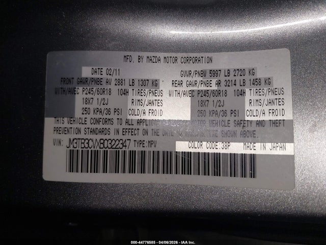 44776585 :رقم المزاد ، JM3TB3CVXB0322347 vin ، 2011 Mazda Cx-9 Touring مزاد بيع
