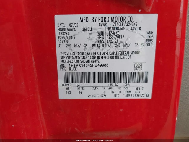 Aukcja sprzedaży 2005 Ford F-150 Fx4/lariat/xl/xlt, vin: 1FTPX14545FB49988, numer aukcji: 44776609