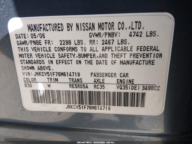 Продаж на аукціоні авто 2006 Infiniti G35x, vin: JNKCV51F76M614719, номер лоту: 44776612