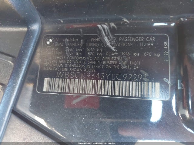 Продажа на аукционе авто 2000 Bmw M, vin: WBSCK9343YLC92291, номер лота: 44776637