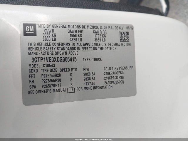 Aukcja sprzedaży 2012 Gmc Sierra 1500 Sle, vin: 3GTP1VE0XCG306415, numer aukcji: 44776672