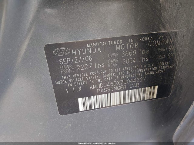 Продаж на аукціоні авто 2007 Hyundai Elantra Gls/limited/se, vin: KMHDU46DX7U044237, номер лоту: 44776712