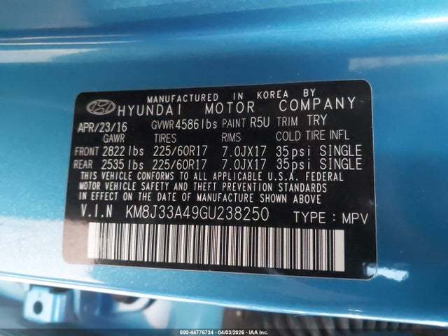 2016 HYUNDAI TUCSON KM8J33A49GU238250 Photo 8