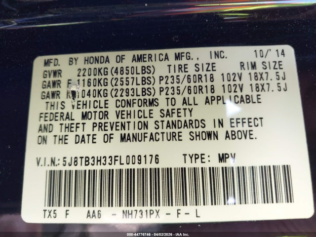 44776746 :رقم المزاد ، 5J8TB3H33FL009176 vin ، 2015 Acura Rdx مزاد بيع