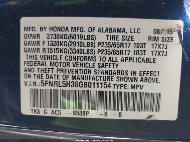 5FNRL5H36GB011154 Honda ODYSSEY SE