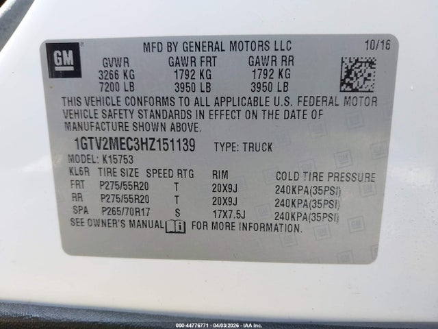 Продажа на аукционе авто 2017 Gmc Sierra 1500 Sle, vin: 1GTV2MEC3HZ151139, номер лота: 44776771